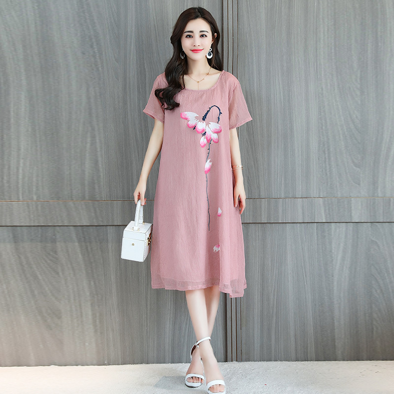 printed chiffon women dress loose plus size summer short sleeve knee length women's clothing 0273 40 210506