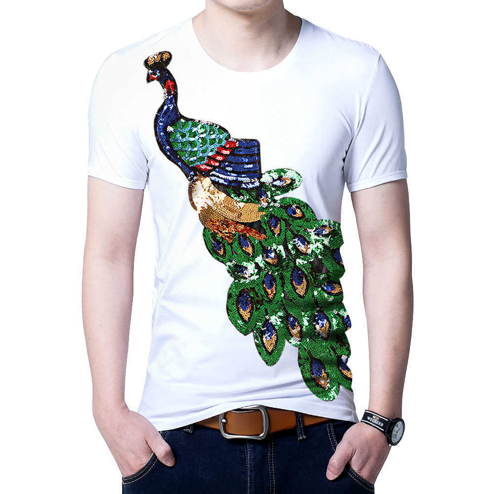 Summer Elegant T-shirt Men's Peacock Sequined Sequins T shirts Men Fashion Cotton Tops Tee Shirt Male Sakura Clothes 210707