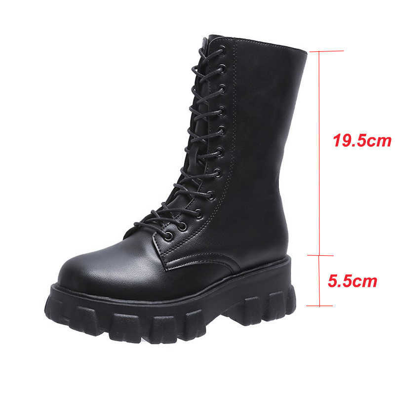 Women shoes White Boots Autumn Fashion Black Leather Platform Gothic Punk Combat boots Mid-Calf women Y0905