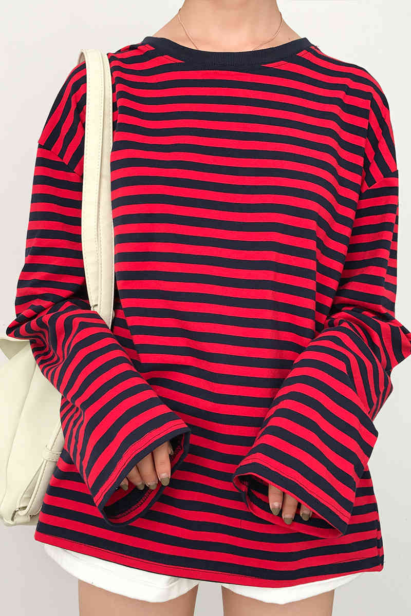 New Vintage Fashion Basic Loose Casual Striped All Match Simple Long Sleeve Female T-shirts 210406