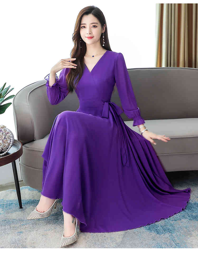 Plus Size S-3XL Autumn Bohemian Long Dress Women's Bowknot Sexy V-Neck Sleeve Women Chiffon Beach Vestidos 210519