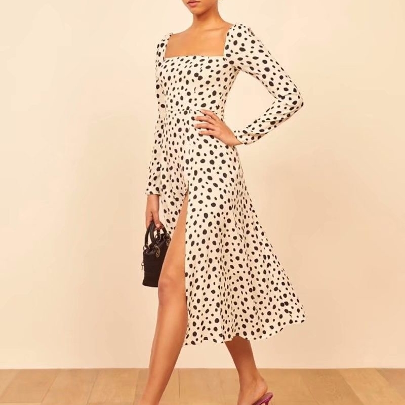 fashion summer women's vintage square neck slim floral print side slit high waist midi dress 210514