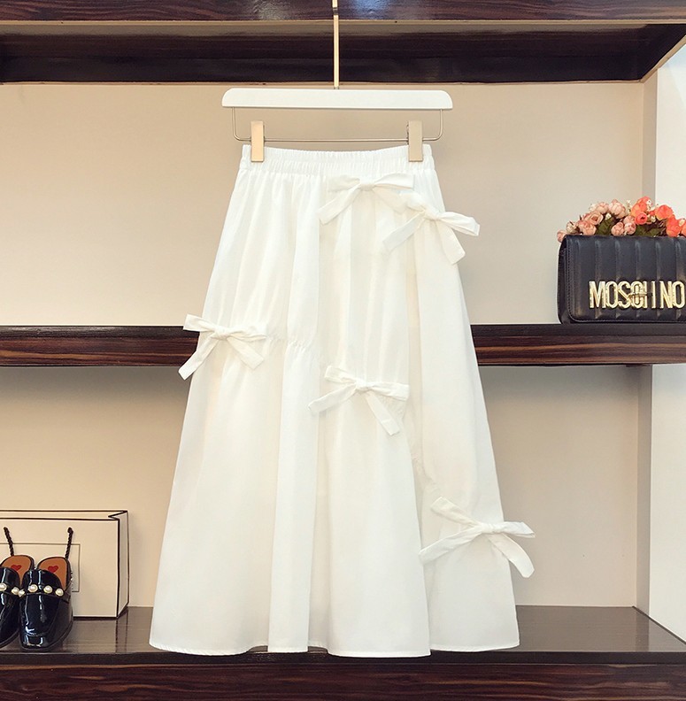 plus size Summer korean 2 piece set Women Sweet Sexy One Shoulder Black T-Shirt and High Waist White Bow Midi Skirts Suit Female 210519