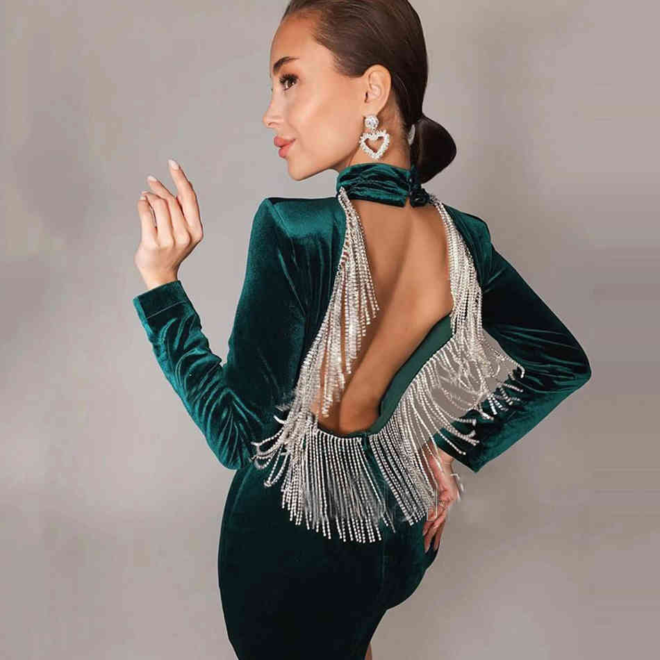 Women's Summer Dress Sexy Green Velvet Backless Long Sleeve Tassel Mini Evening Runway Club Party Ladies Dresses 210423