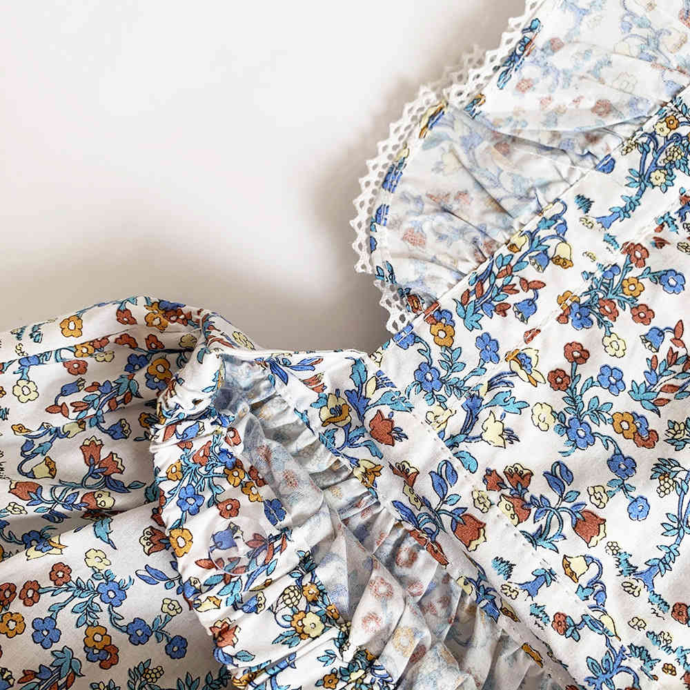 spring and summer girls cotton floral lotus leaf jumpsuit baby romper bow overalls girl clothes 210515