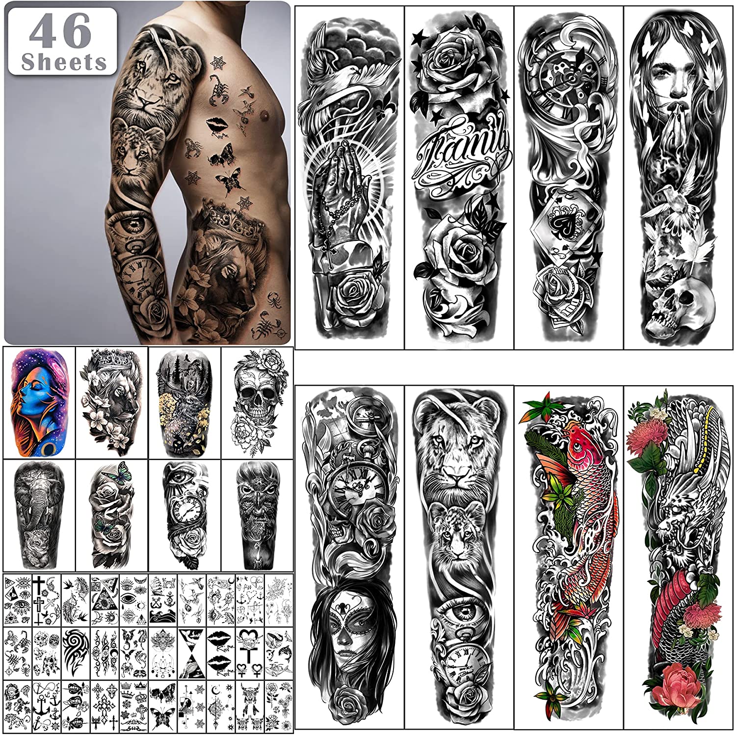 Metershine 46 Sheets Full and Half Arm Waterproof Temporary Fake Tattoo Stickers of Unique Imagery or Totem Express Body Art for Men
Metershine 46 Sheets Full and Half Arm Waterproof Temporary Fake Tattoo Stickers of Unique Imagery or Totem Express Body Art for Men