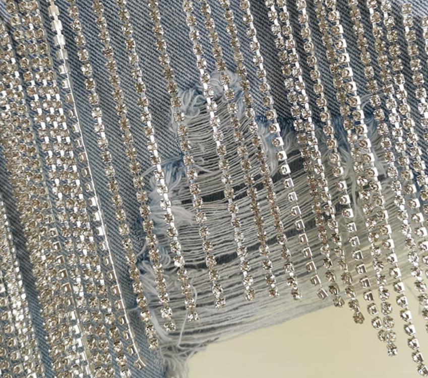 Bling Rhinestone Tassel Denim Shorts Fashion Sexy Women Crystal Short Jean S-3XL Blue