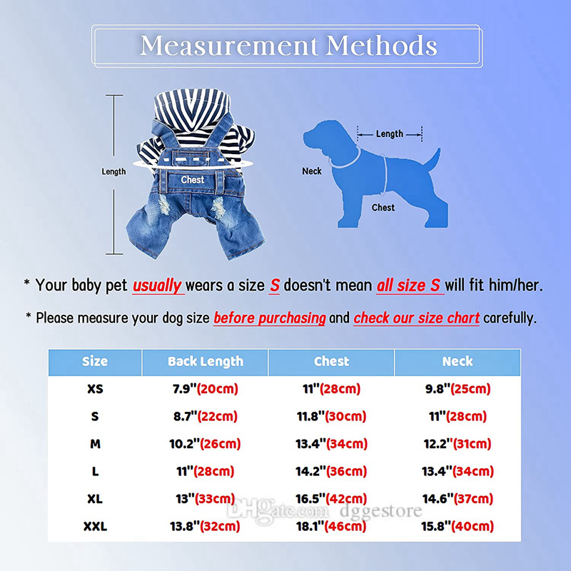 Dog Apparel Denim Striped or Grid Pet Dogs Jumpsuits Puppy Cat Hoodie Jean Coat Four Feet Clothes for Small Doggy Teddy Yorkies Sweatshirt Jeans Blue 