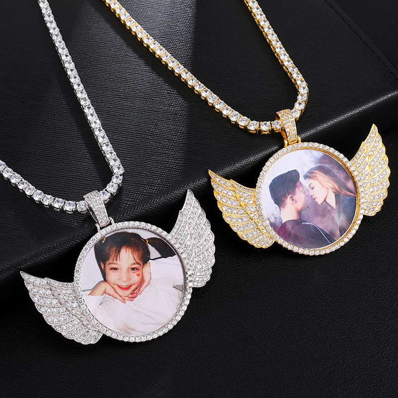 Custom Made Photo Wings Iced Out Bling Cubic Zircon Necklace & Pendant For Men Hip Hop Jewelry With Tennis Chain
