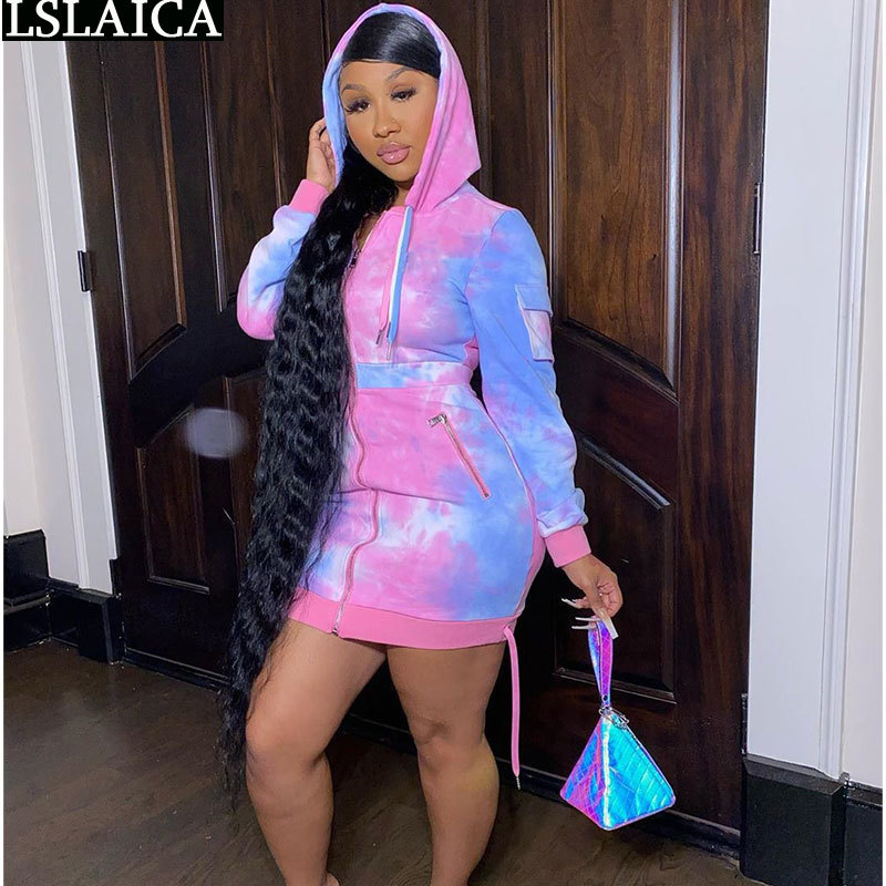 Long Sleeve Hoodied Dress for Women Zipper Pockets Slim High Waist Bodycon Tie Dye Autumn Winter Sweatshirt 210515