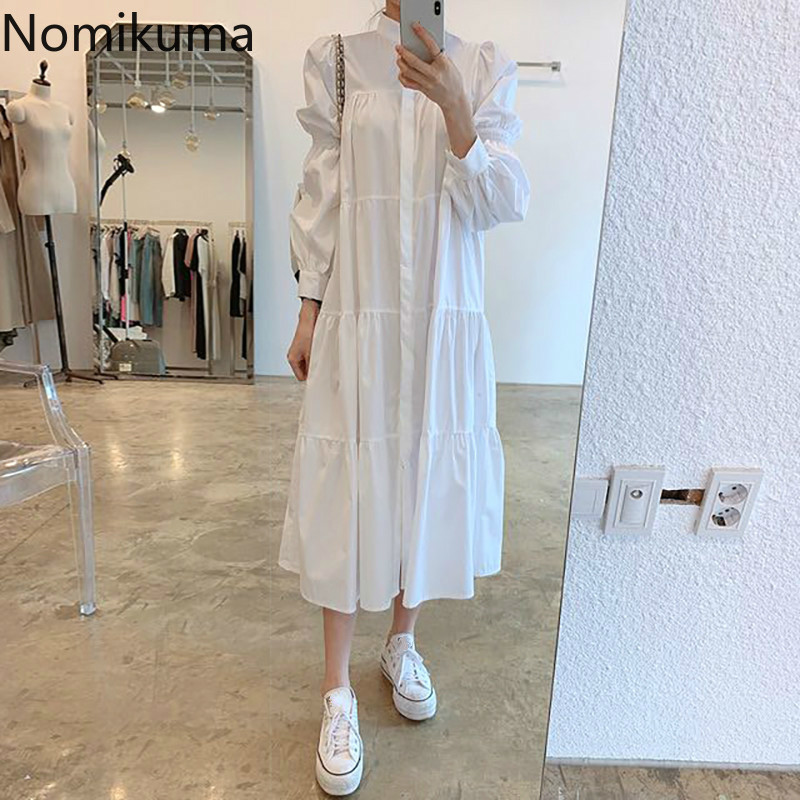 Nomikuma Vestidos New Arrival Stand Collar Long Sleeve White Dress Women Solid Color A Line Vintage Dresses Korean Style 3c363 210409