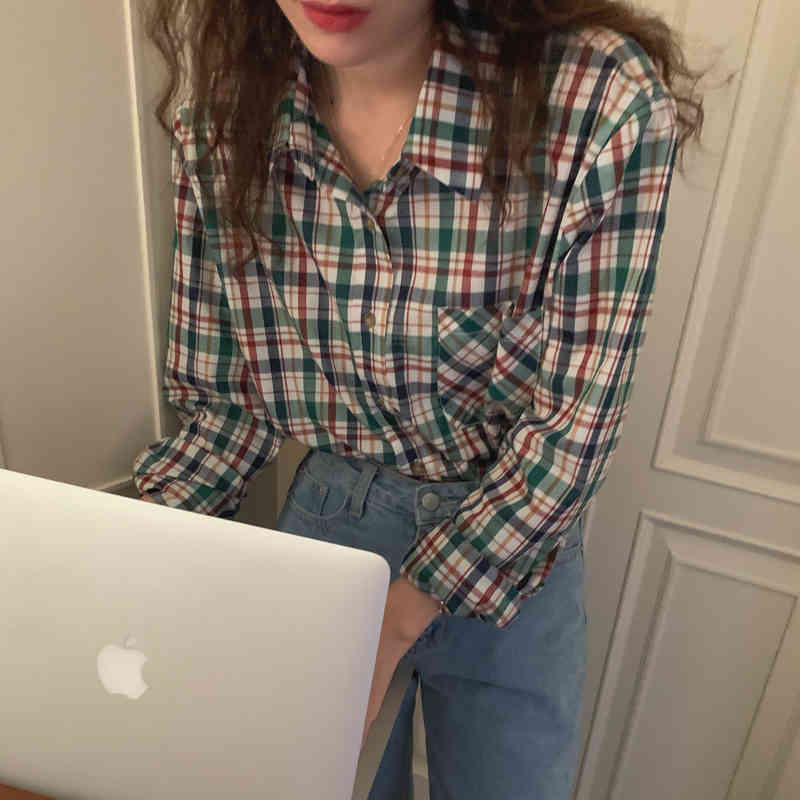 Vintage Gentle Basic Color-Hit Streetwear Basewear Retro Plaid Elegance Girls Loose Geometric Casual Shirts 210421