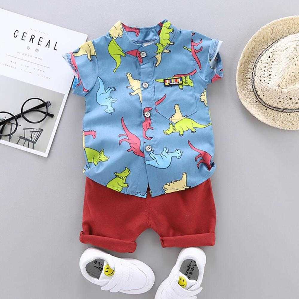 0-2 Years Summer Boys Clothing Set Fashion Baby Kids Dinosaur Shirt and Short Sleeve Suit Infant Clothes Newborn Baby Short Sets G1023