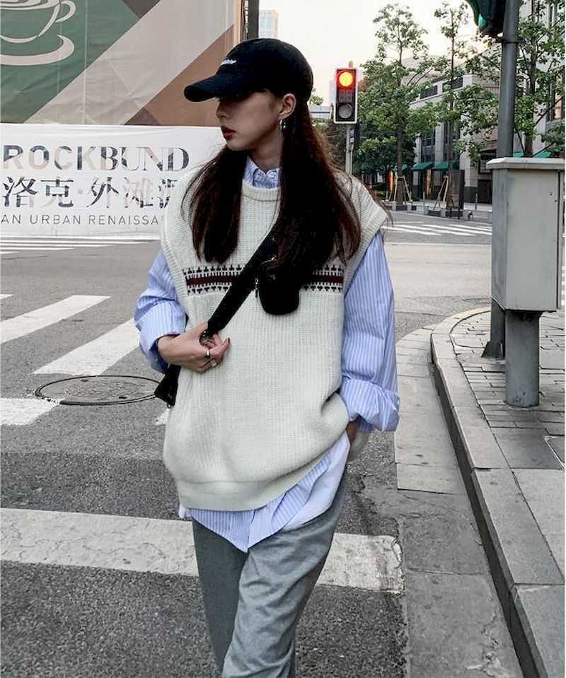 sweater vest women sweaters prep tops Harajuku oversize knit autumn retro casual simple style pattern stacking 210526