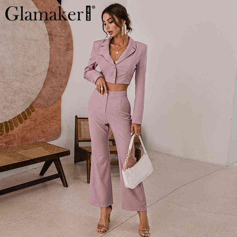 Glamaker Pink purple 2 piece suit sets Women sexy short blazer and flared pants Office lady set autumn female outfits 211105