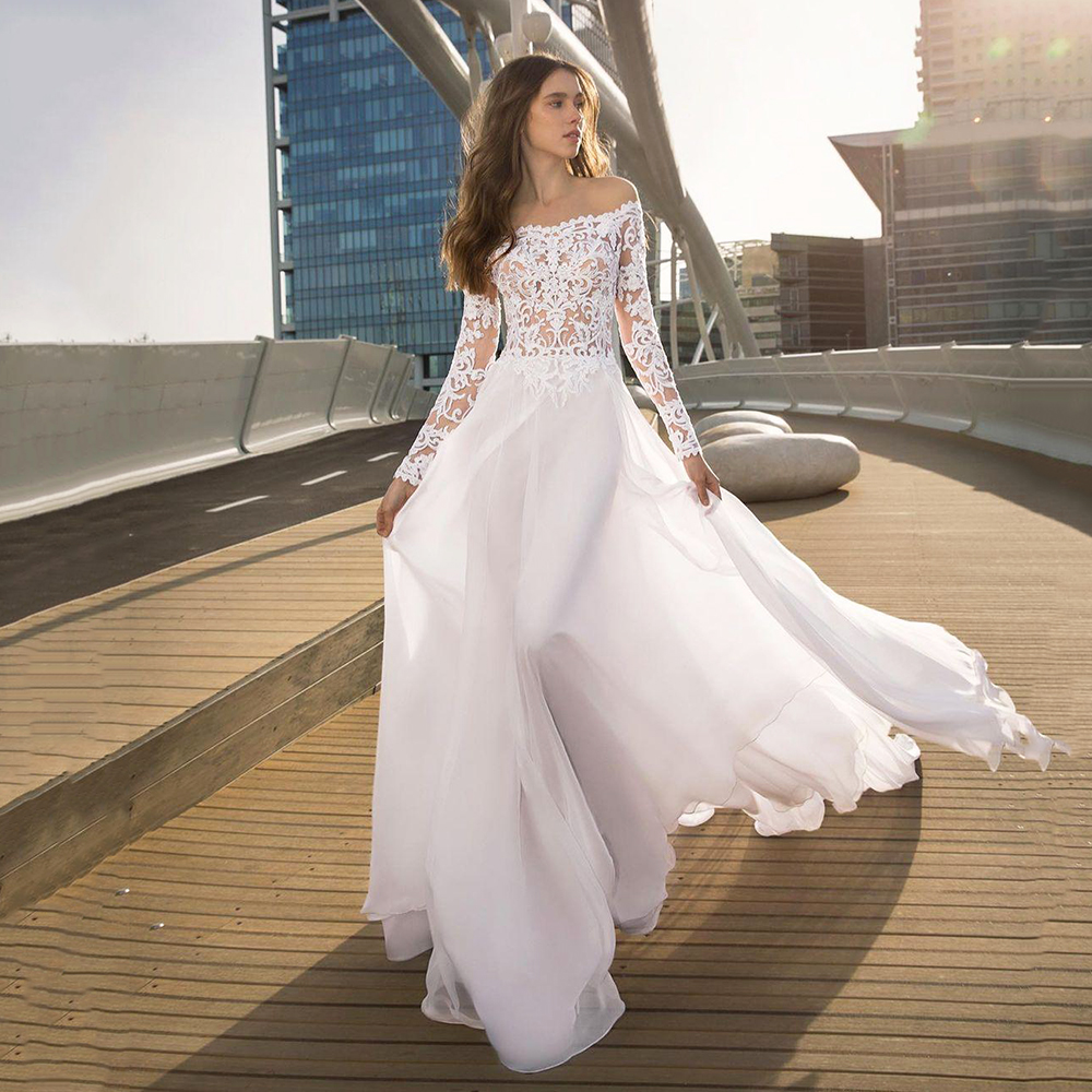 Elegant Lace Wedding Dresses Long Sleeves Bridal Gowns Off The Shoulder Neck A Line Floor Length Chiffon Bohemian robe de mariée, Water melon
Elegant Lace Wedding Dresses Long Sleeves Bridal Gowns Off The Shoulder Neck A Line Floor Length Chiffon Bohemian robe de mariée, Water melon