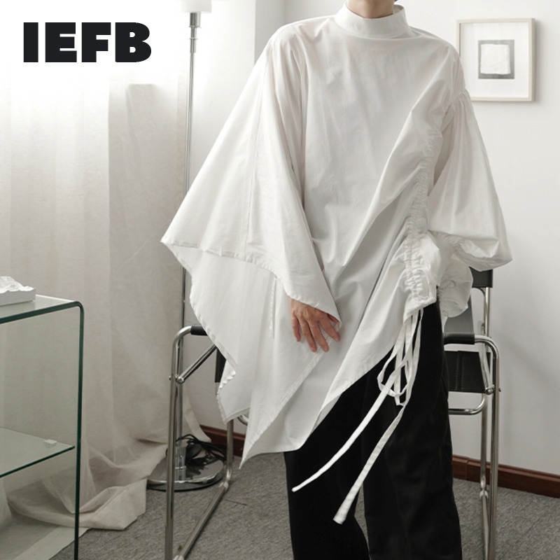 IEFB /men's wear asymmetric batwing long sleeve white long shirt male Spring irregular loose shirts drawstring 9Y3376 210524