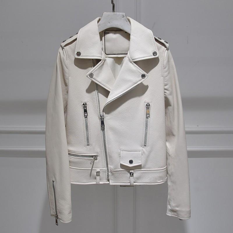 Outerwear Genuine Leather Women Lapel Zippers Love Rivet Motorcycle Jacket Office Lady Slim Sheepskin Short Coat Spring Autumn Women's & Fau