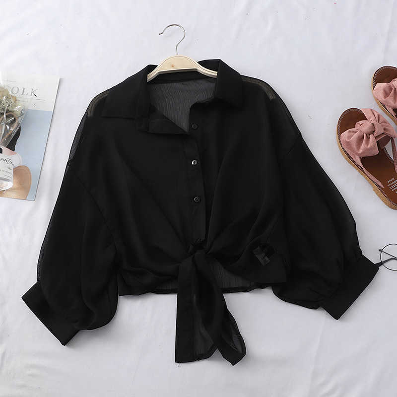 Chiffon Shirts Women Summer Half Sleeve Buttoned Up Shirt Loose Casual Blouse Tied Waist Elegant Blouses For 210607
