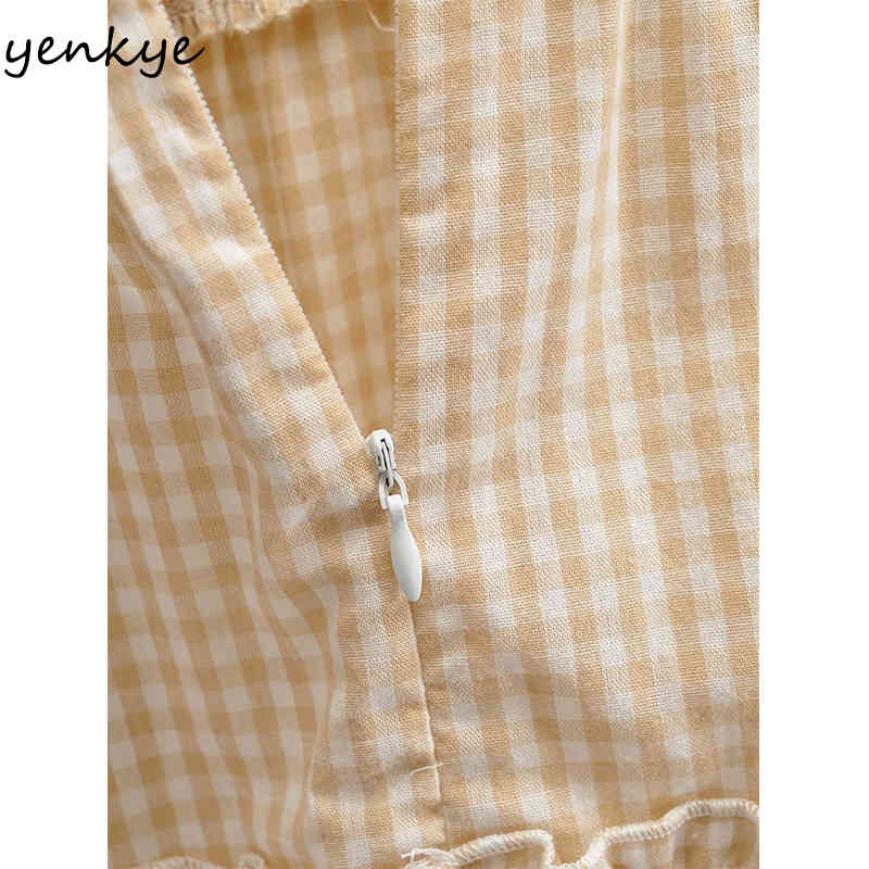 YENKYE Vintage Plaid Dress Women V Neck Sleeveless Tank Summer Casual Dress Female Short Vestido 210515