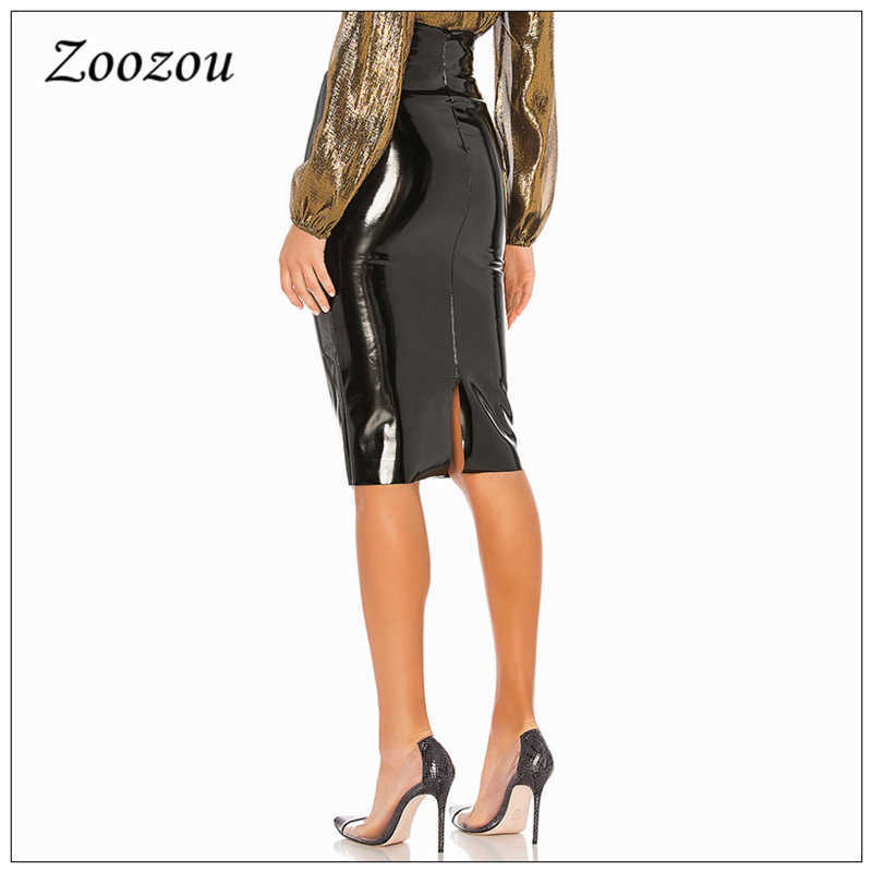 High Waist Latex Patent Leather Pencil Skirt Women Elegant Back Slit Hem Office Lady Pu Knee Length Custom 210619