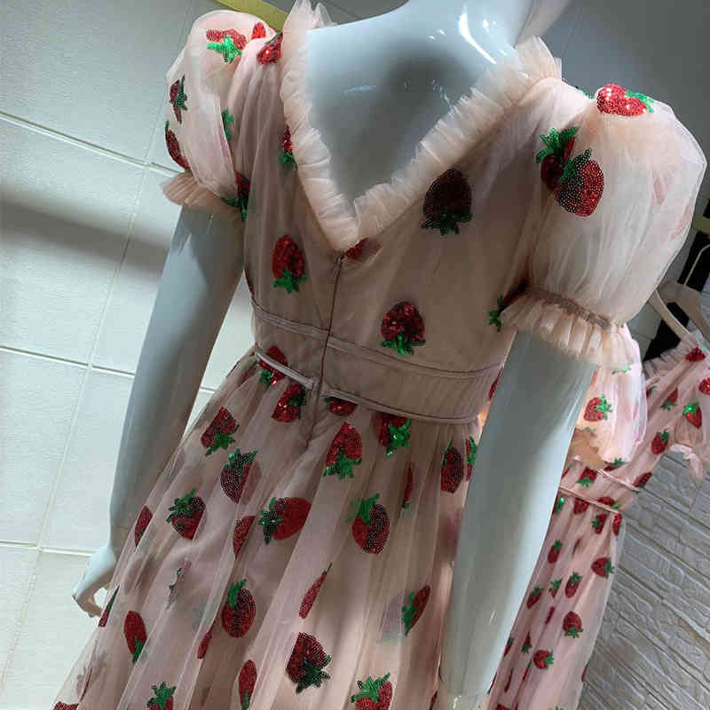 Fashion Long Dresses For Women Elegant Party Wedding Pink Maxi Summer Strawberry Dress Sequin Mesh Lolita High Waist Tunic 210402