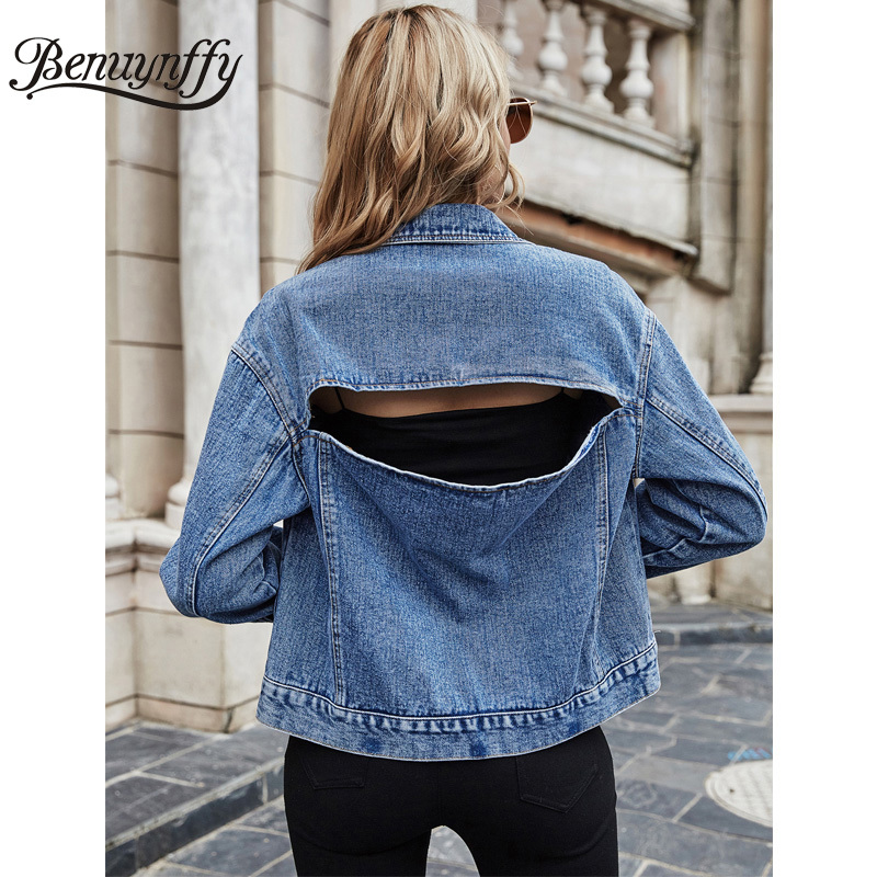 Turn-down Collar Cut Out Back Denim Jacket Women Spring Fall Single Breasted Jean Coats Long Sleeve Female Outwear 210510