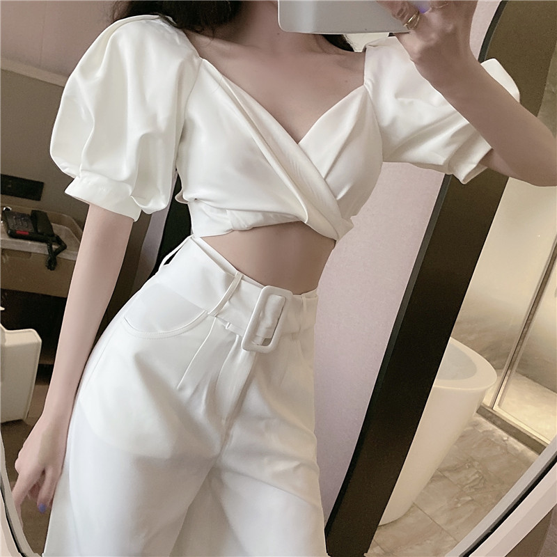 Sexy Women Outfit Solid Color Two Pieces Set V-Neck Puff Sleeve Short Crop Tops+Split Wide Leg Pant Korean Fashion Suit 210519