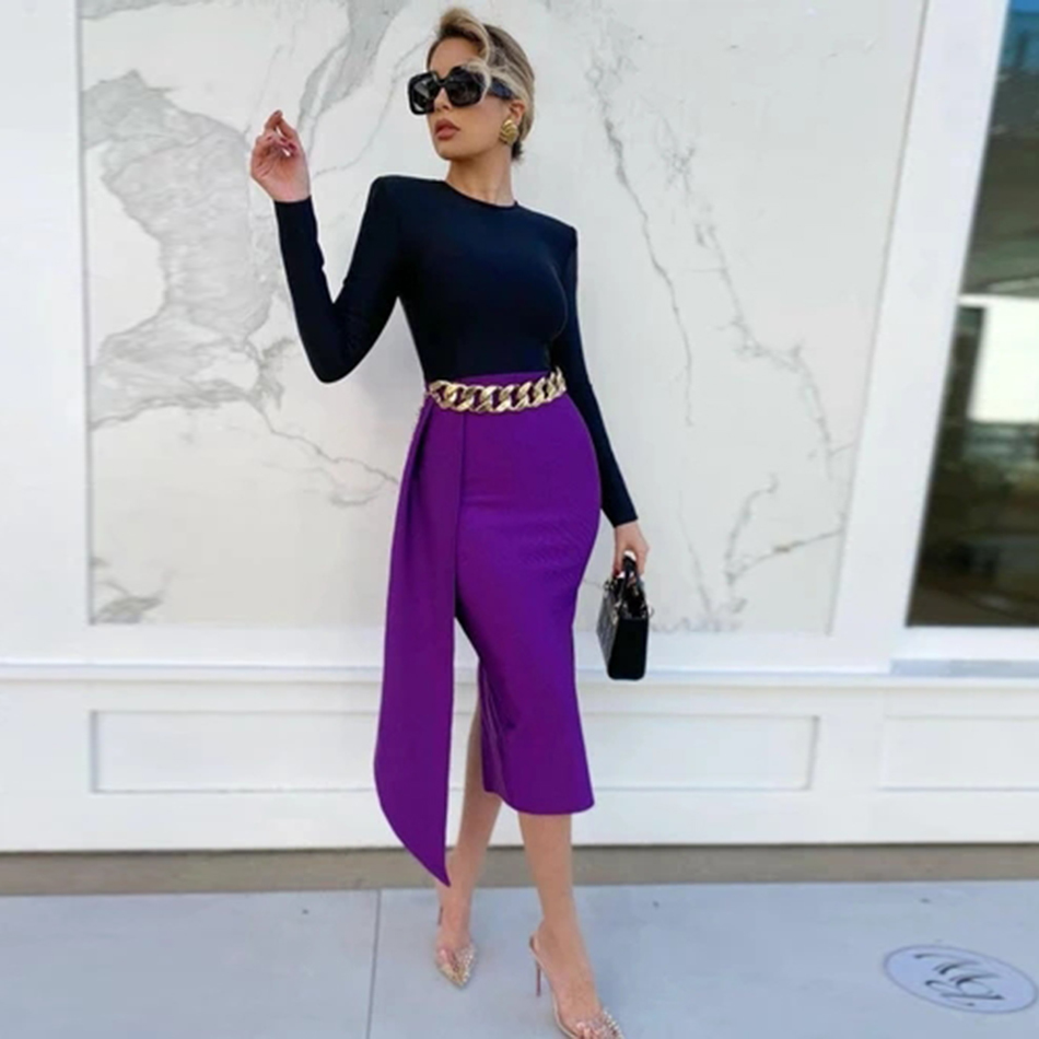 Free Women Contrasting Color Bandage Dress Sexy O-neck Long Sleeve Bodycon Midi Elegant Club Party 210524