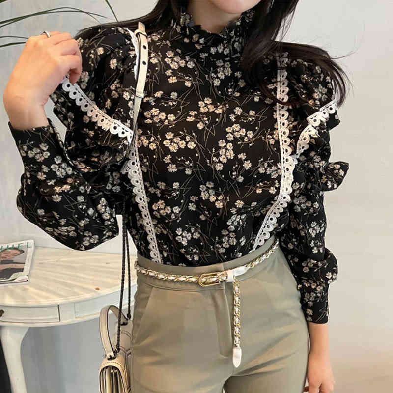 Nomikuma Floral Women Blouse Korean Lace Ruffle Patchwork Elegant Shirt Long Sleeve Stand Neck Pullover Top Blusa New 6E041 210427