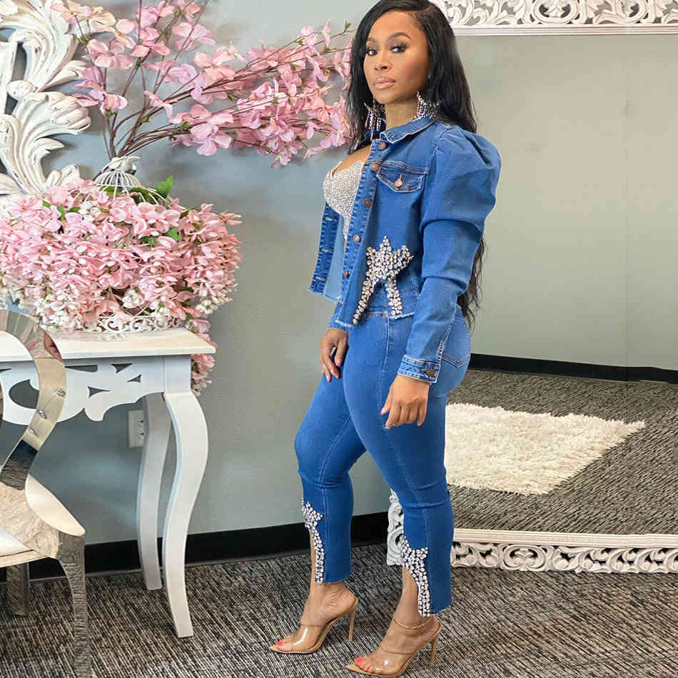 Free Elegant Women's Beaded Denim Suit Lapel Long Sleeve Single-breasted Jacket & Pencil Pants Two-Piece Set 210524