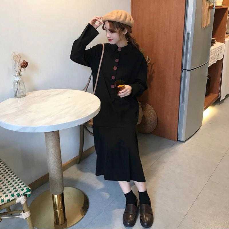 Yedinas Japanese Style Black Maxi Dress Long Sleeve Chic Button Ladies Elegant Large Dresses Party Vestidos Plus Size 4XL 210527