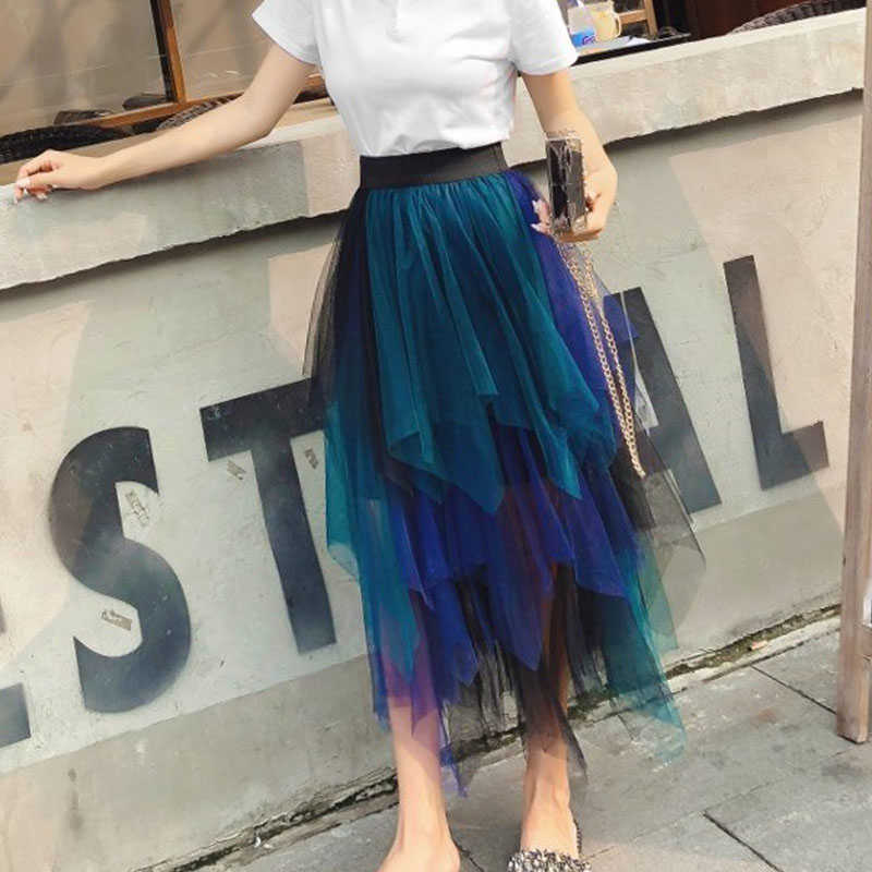 SETWIGG Spring Sweet Multi-color Tulle Patchwork Long Irregular Skirts Elastic Waist A-line Tiered Mesh Pleated Calf 210621