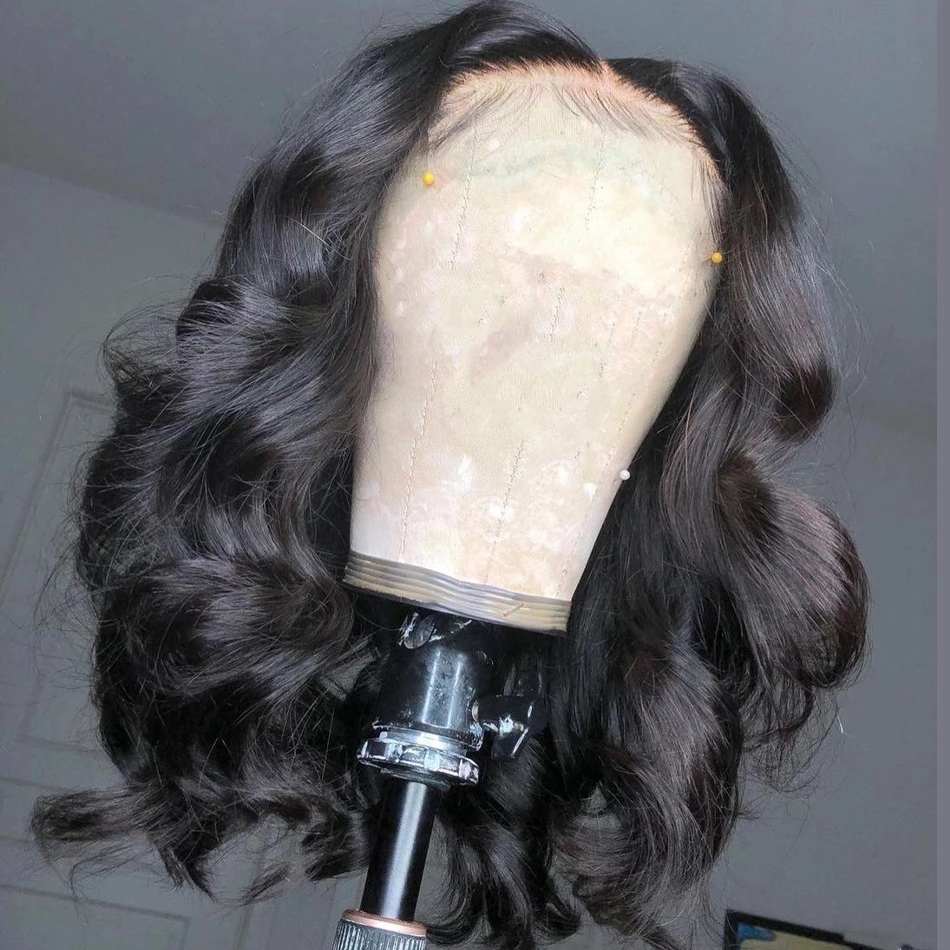 Transparent invisible Wavy Bob Wigs with bangs Body Wave Human Hair Brazilian Virgin Hair Lace Front side part 16inch 180% Density For Black Women