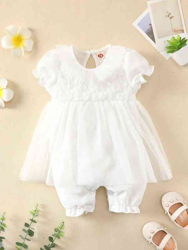 Baby Floral Embroidered Puff Sleeve Ruffle Trim Contrast Mesh Romper SHE