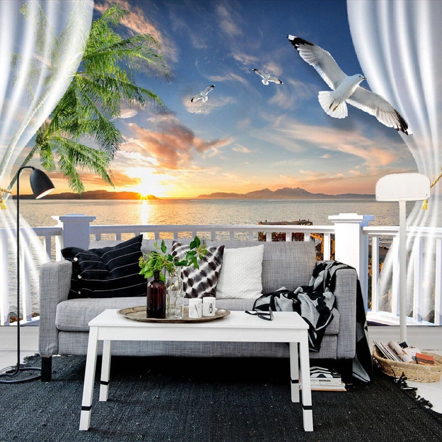 Custom Photo 3D Balcony Curtains Sunset Seascape Wall Home Decor Living Room Sofa TV Backdrop Mural Wallpaper