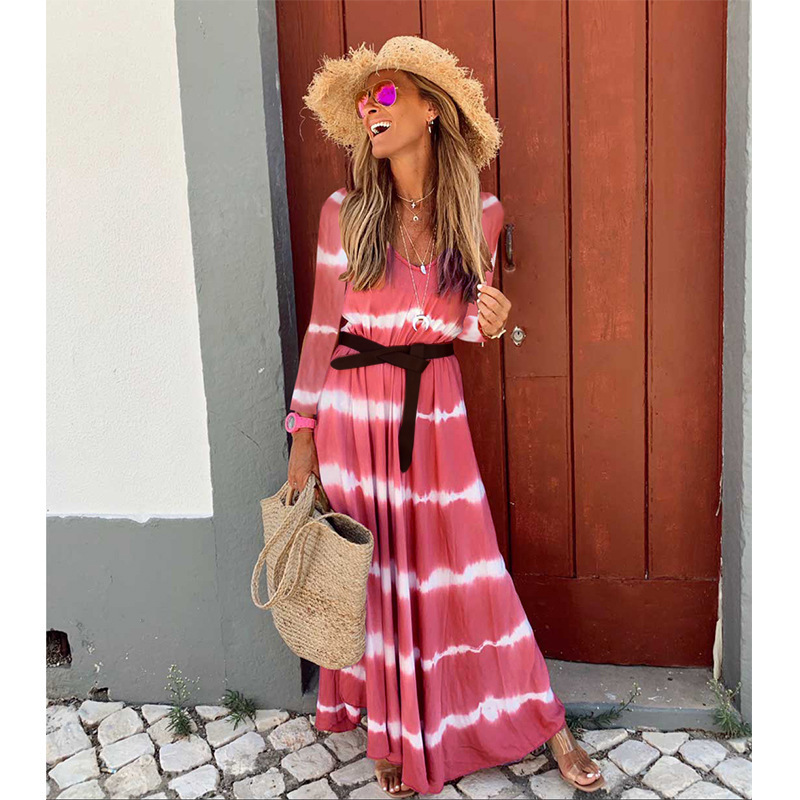 Women Dress V-neck Long Sleeve Striped Beach Plus Size Loose Casual Summer es Fashion 210524