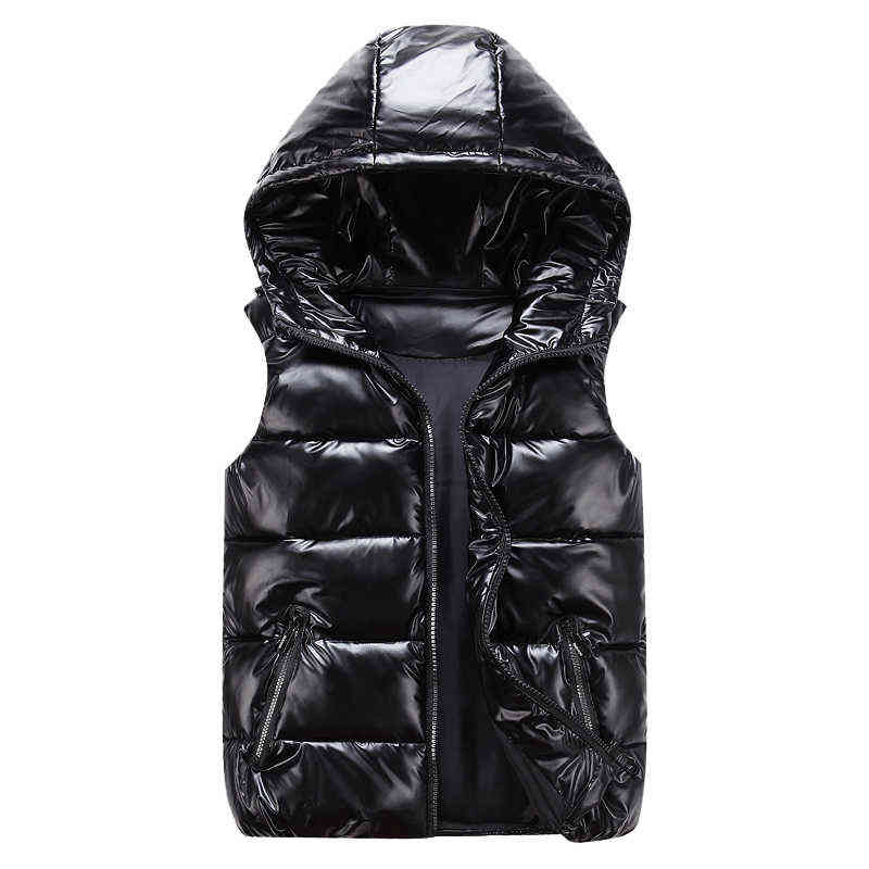 Men's Sleeveless Jacket Fashion Shiny Vest Winter Warm Hood Pockets Cotton Padded Husband Red Black Autumn Down Waistcoat Male 211126