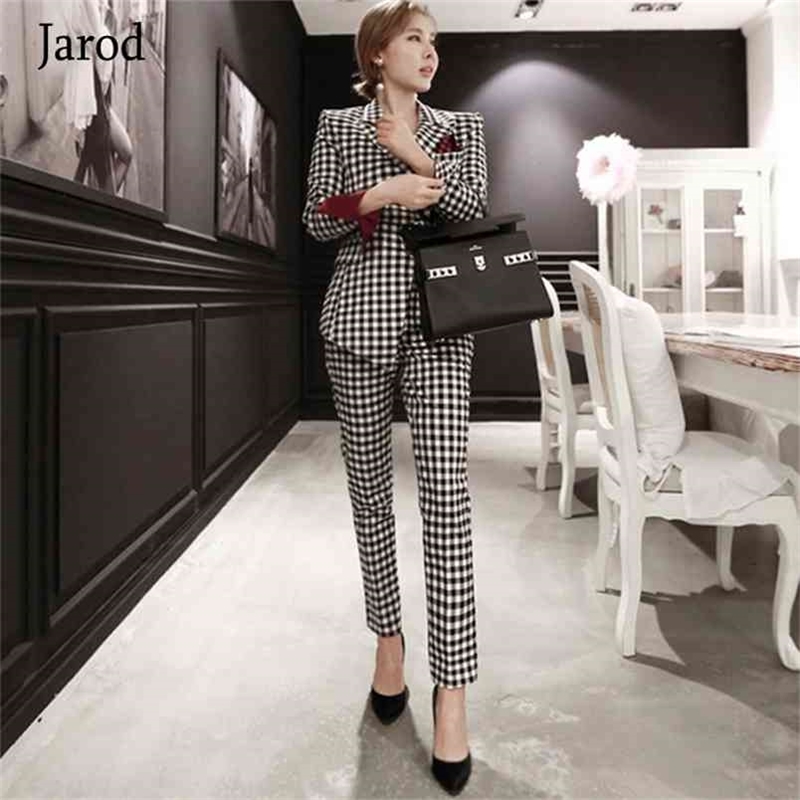 Fashion Business Pant Suits Formal women Plaid single-breasted Jacket and Long Blazer Set Women Office OL 2 Pieces Suit 210519