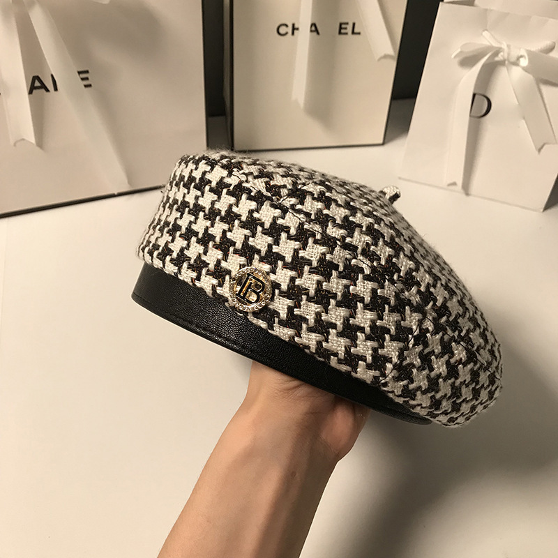 Autumn Winter Plaid Beret Hats For Women French Berets Fashion Female Houndstooth Black With Adjustable Rope 210429