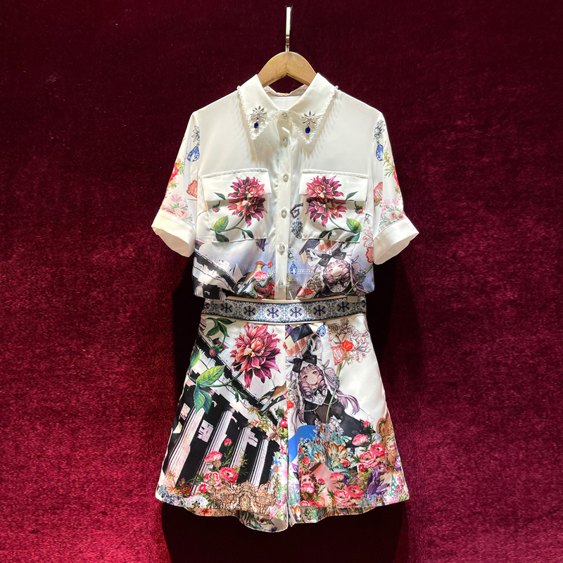 European and American women's wear for summer 2021 Print shirt with short sleeves and beaded lapel Printed shorts Fashion suits, White
European and American women's wear for summer 2021 Print shirt with short sleeves and beaded lapel Printed shorts Fashion suits, White