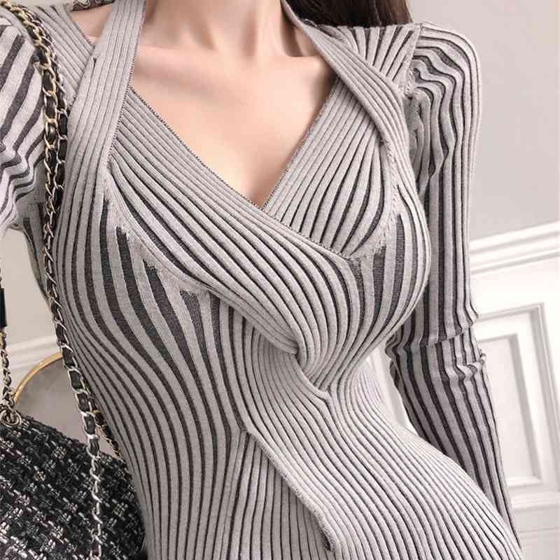 Autumn Winter Women Sexy V-Neck Knitted Dresses Elegant Bottoming Knit Soft Warm Stripe Sweater Slim Slit Vestidos 210519
