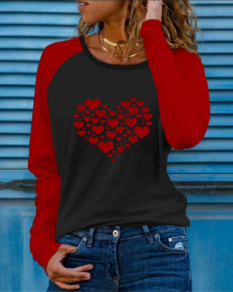 Valentine's Day Spring Fall Women's Heart Print Top Tee Femme Round Neck Long Sleeve Clothing Ladies Casual T-Shirt New 210415