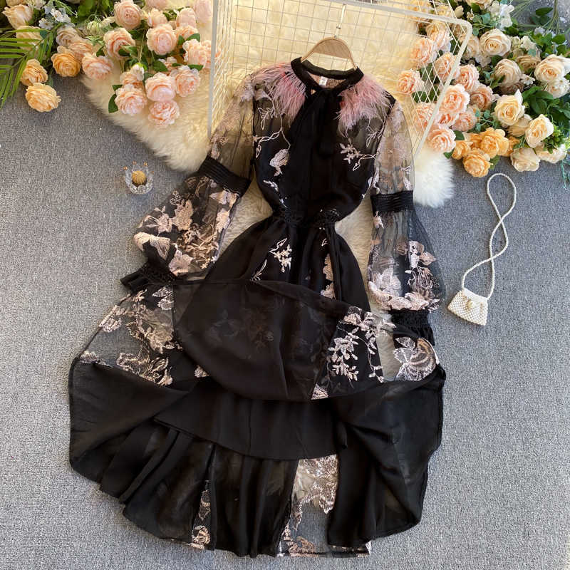 Fashion Women Embroidered Flower Ostrich Hair Round Collar Long Sleeve Elegant A-line Dress Vintage Vestido De Mujer R321 210527