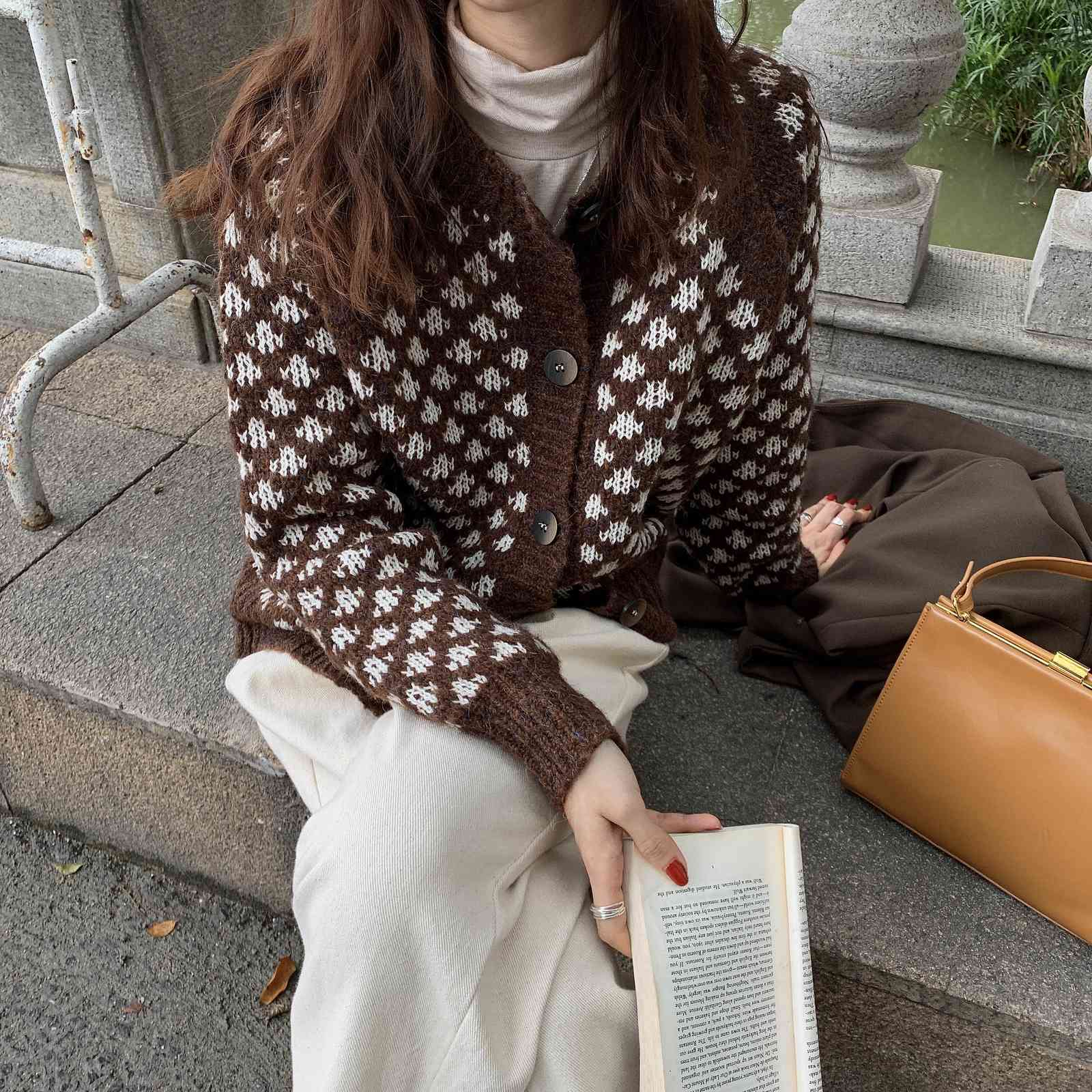OL Outwear Tops Loose Sweater Women Autumn Winter Elegant Long Sleeve Print Knitted Cardigan Female Sweaters 210421