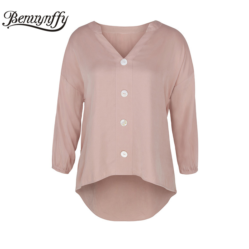 Drop Shoulder Button Front Curved Hem Women Blouse Shirt Autumn V Neck Solid Office Ladies Casual High Low Tops 210510