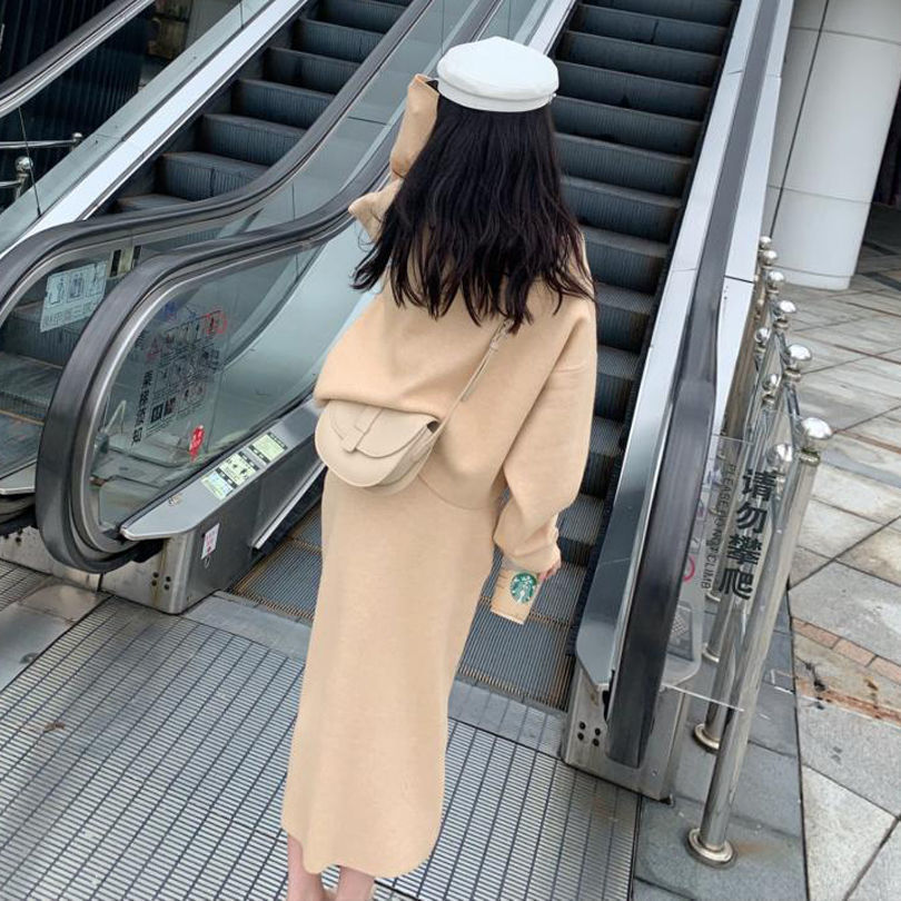 \ Skirts 2 Piece Set Women Knitting Pullover Sweater Casual Loose + Knitted Skirt Autumn Winter Korean Suit 210519