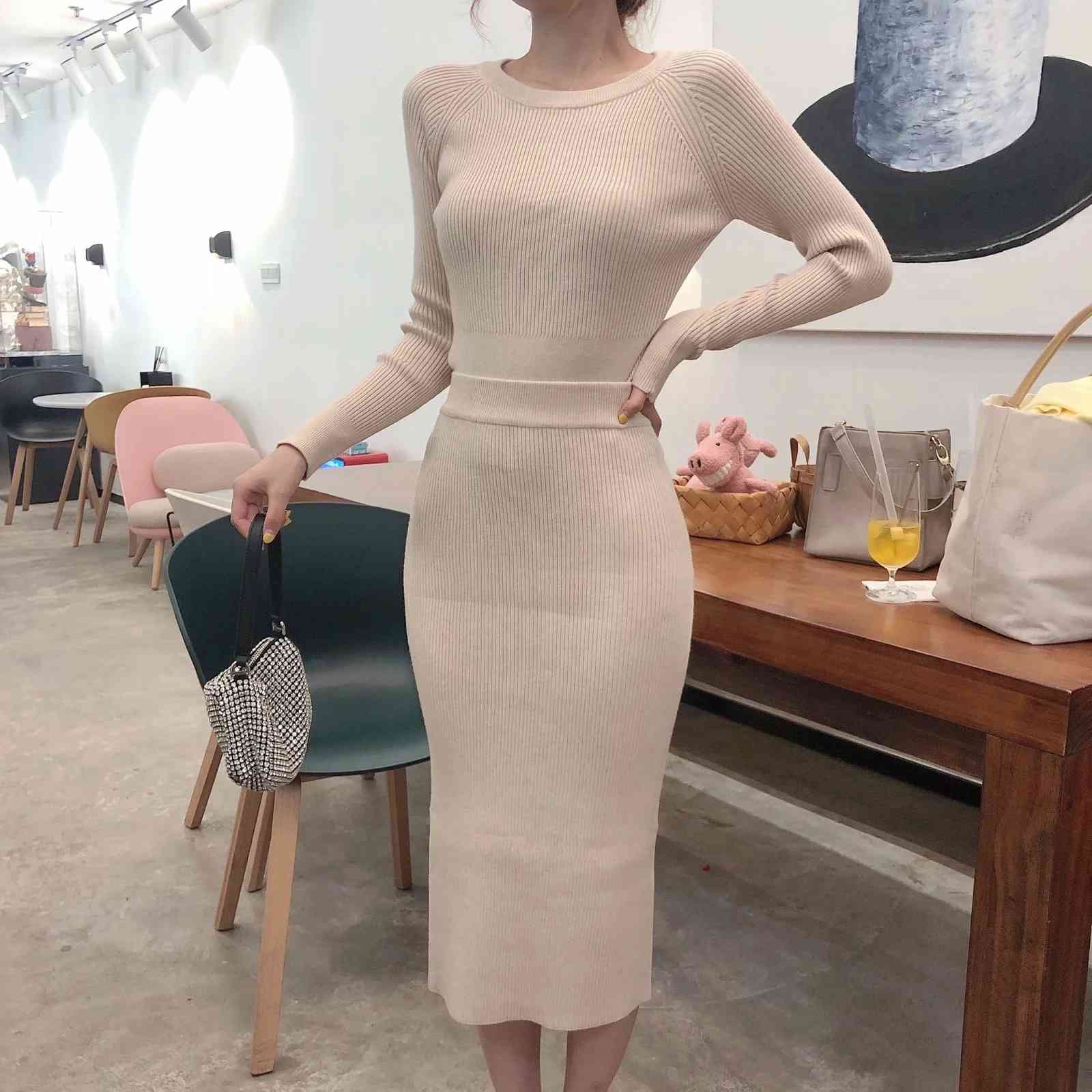 EPUZS Knitted Sweater and Skirt Two Piece Set Women Autumn Slim Fit Crop Tops Skirts 2 Sets s Outfits 210521