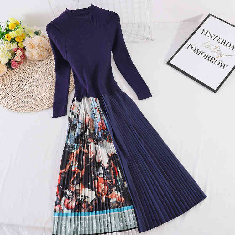 Elegant Knitted Pleated Dress Women Long Sleeve Vintage Blue Print Sweaterer Slim Midi Autumn 210506
