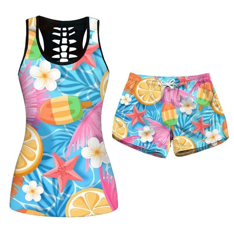 Color Fashion 3d Printing Casual Suit Women's Waist Closed U-neck Sports Top Vest + Shorts